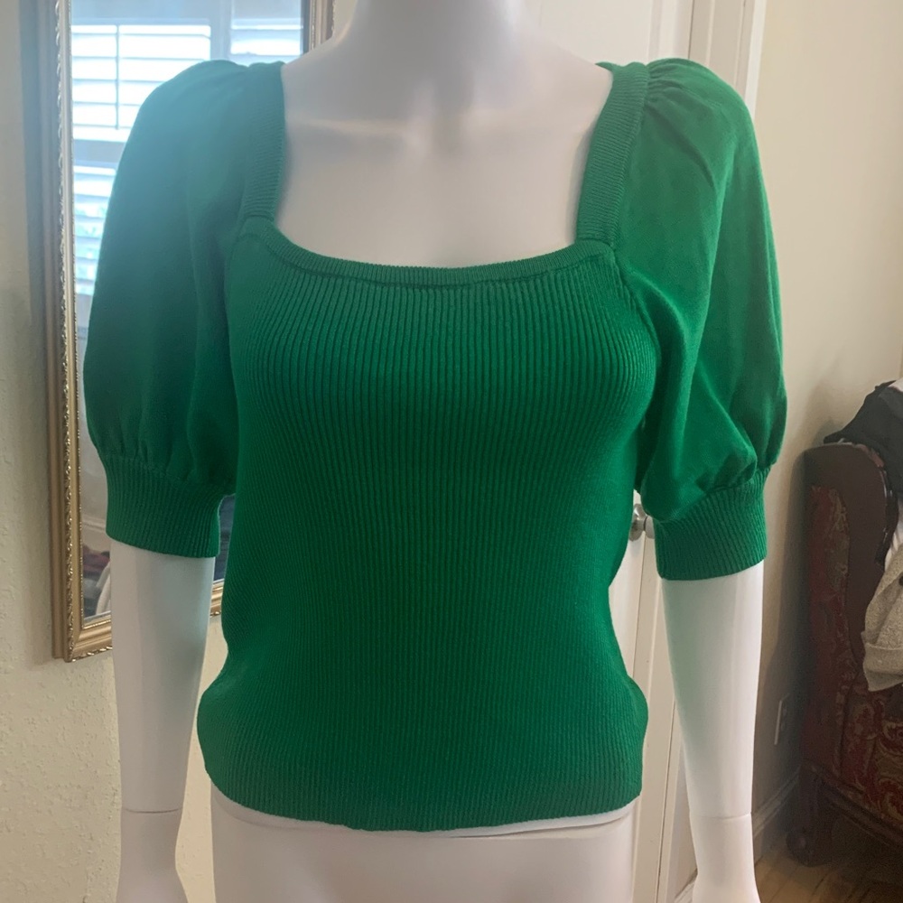 Pink Rose Vibrant Green Puff Sleeve Blouse